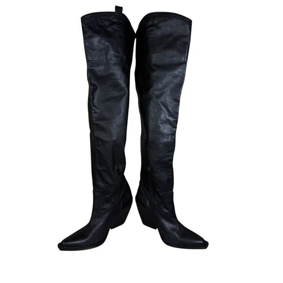 ZARA Black Leather Over-the-Knee Cowboy Boots 8.5 US / 39 EU Western Chic - Picture 10 of 15